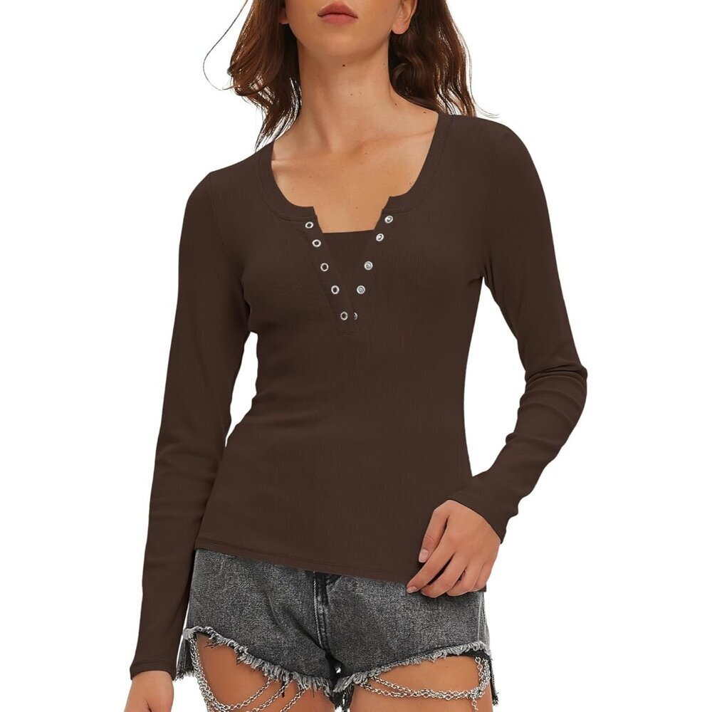 Womens Long Sleeve Henley Top Cotton Rayon Slim Fit V Neck Casual Office